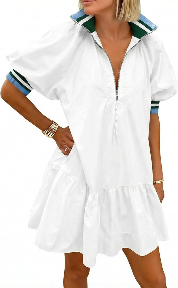 Wenrine Women Short Puff Sleeve Dress Half Zip V Neck Collar Summer Casual Color Block Sweatshirt... | Amazon (US)