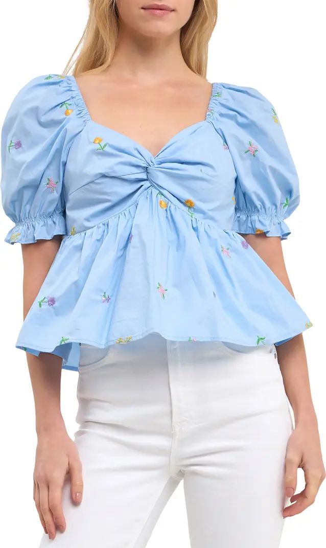 English Factory Floral Embroidered Puff Sleeve Babydoll Top | Nordstrom | Nordstrom