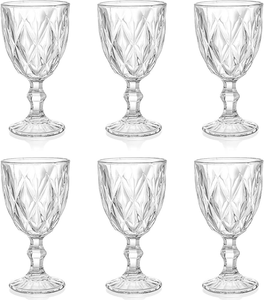 SOUJOY 6 Pack Wine Glasses Goblet, 10oz Vintage Embossed Glass Cup, Beverage Stemmed Party Glasse... | Amazon (US)