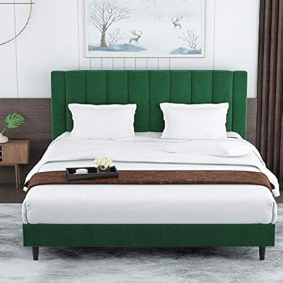 Amolife Queen Size Platform Bed Frame Light Green Velvet Upholstered with Headboard and Strong Wo... | Amazon (US)