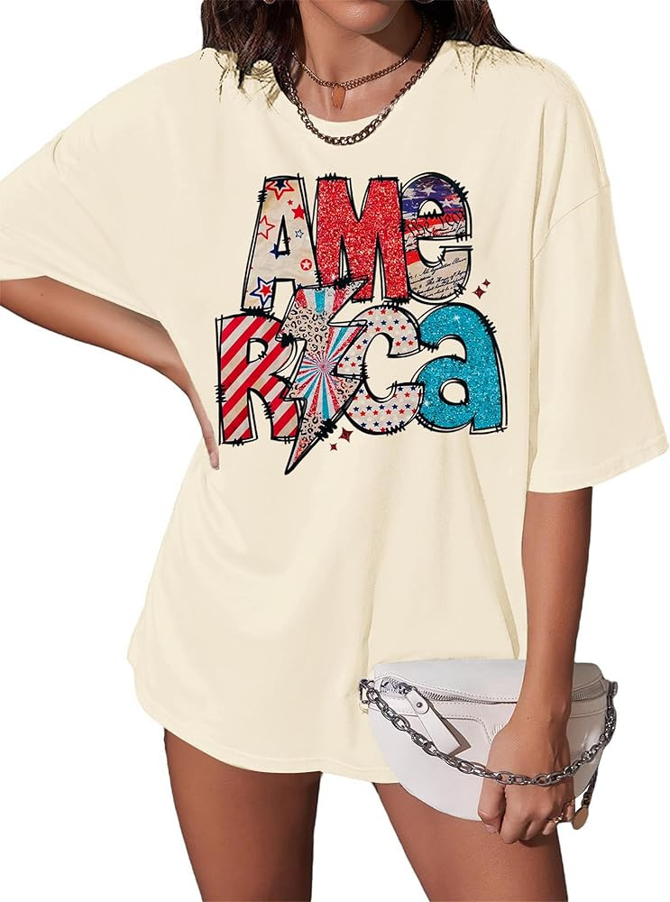 Oversized USA Star Sequin Shirt American Flag T Shirt Women 4th of July Patriotic Tee Casual Shor... | Amazon (US)