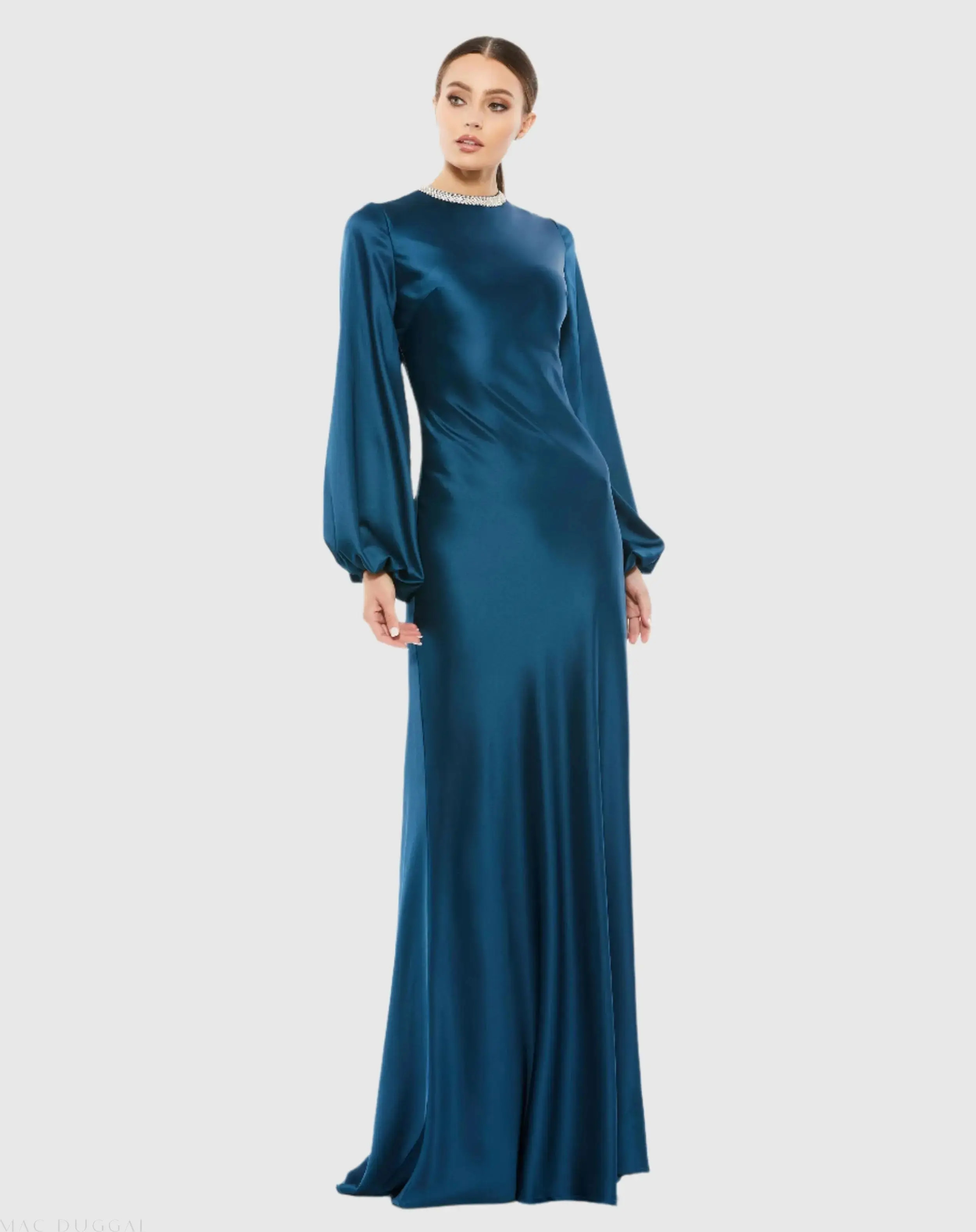 Blue Beaded High Neck Bishop Sleeve Satin Gown - Mac Duggal | Mac Duggal