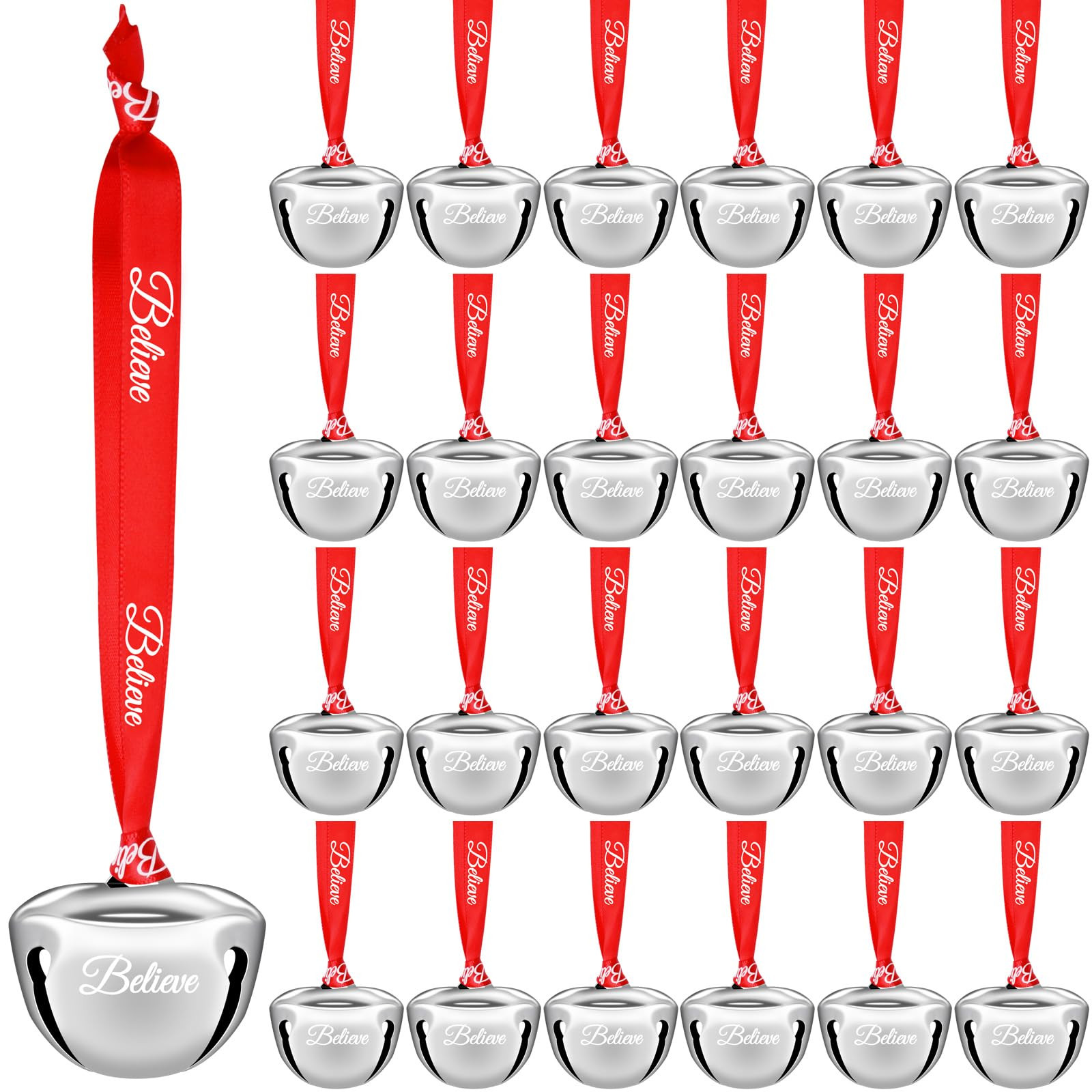 24 Pcs Christmas Believe Bell Ornaments 1.5 Inch Polar Santa Sleigh Jingle Bells with Believe Rib... | Amazon (US)