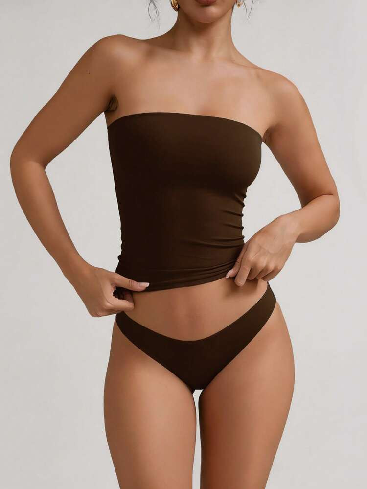 Sexy Strapless Basic Camisole, Fashionable Solid Color Elastic Fitted Brown Tube Top, Suitable For All Seasons Casual Summer | SHEIN