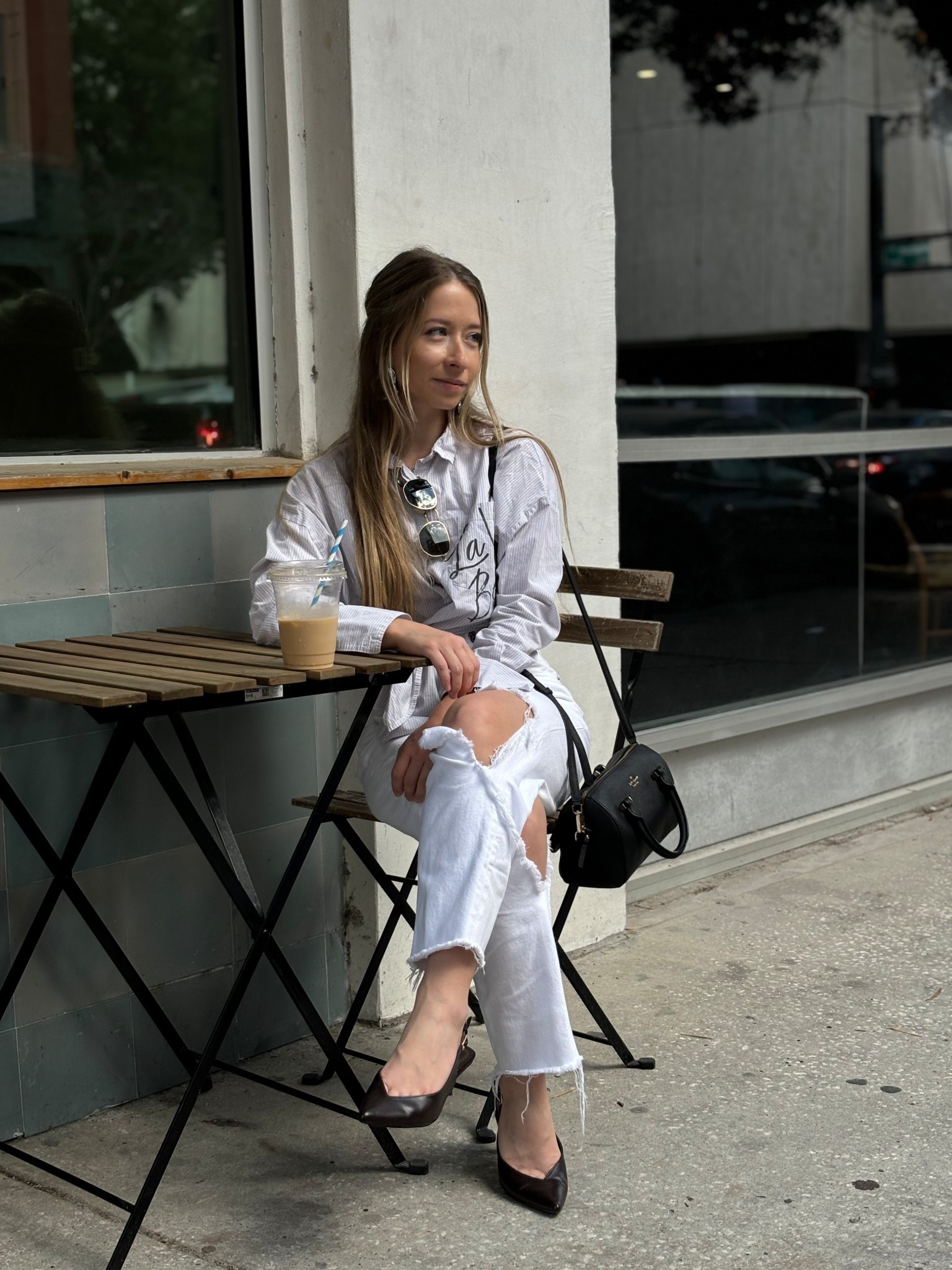 Casual spring outfit wearing a blue striped button down and white jeans🤍 

#LTKootd