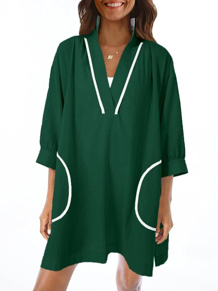 Saodimallsu Womens V Neck Swimsuit Coverup 3/4 Sleeve Color Block Oversized Cover ups Beach Mini ... | Amazon (US)