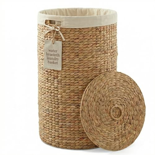 DEILSY™ Natural Round Water Hyacinth Wicker Basket with Lid and Removable Liner, Storage Basket with Lid and Handles, Handwoven Wicker Laundry basket for Bathroom, Bedroom, or Laundry Room | Amazon (US)