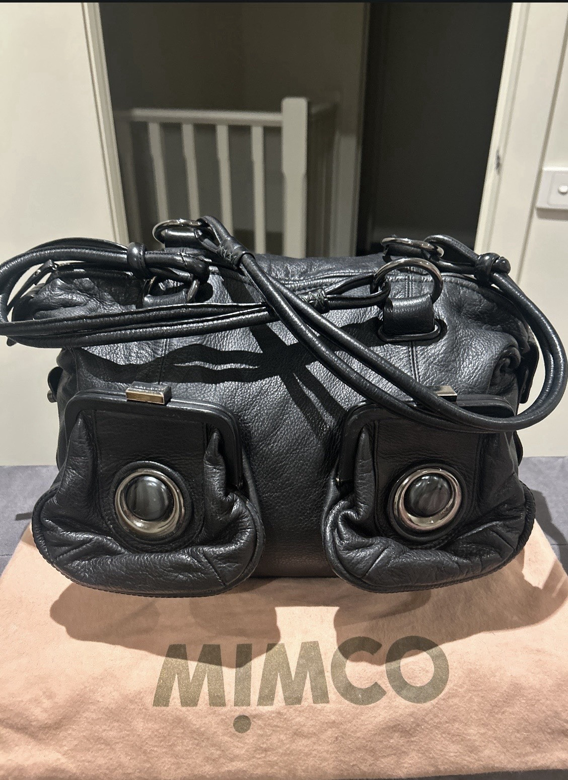 Mimco Black Leather Y2K button  Shoulder  Bag Zip Closure Silver Hardware | eBay AU