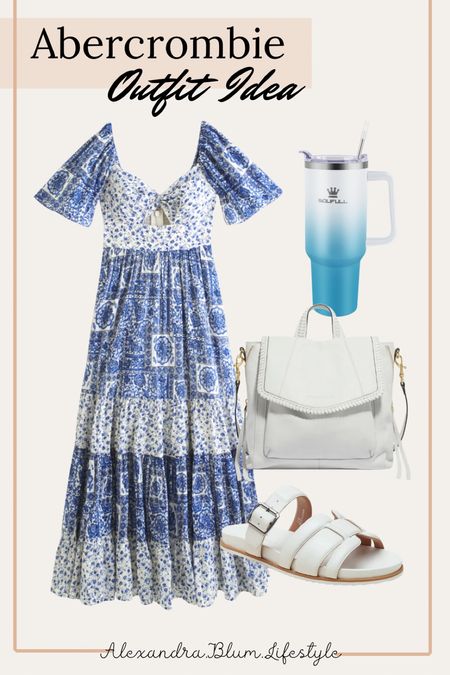 New dresses from Abercrombie! Perfect casual maxi dress, white strap sandals, white backpack purse, and blue to white ombré tumbler mug from Amazon! Summer outfit! Spring outfit! Casual outfit! 

#LTKfindsunder100 #LTKstyletip #LTKshoecrush
