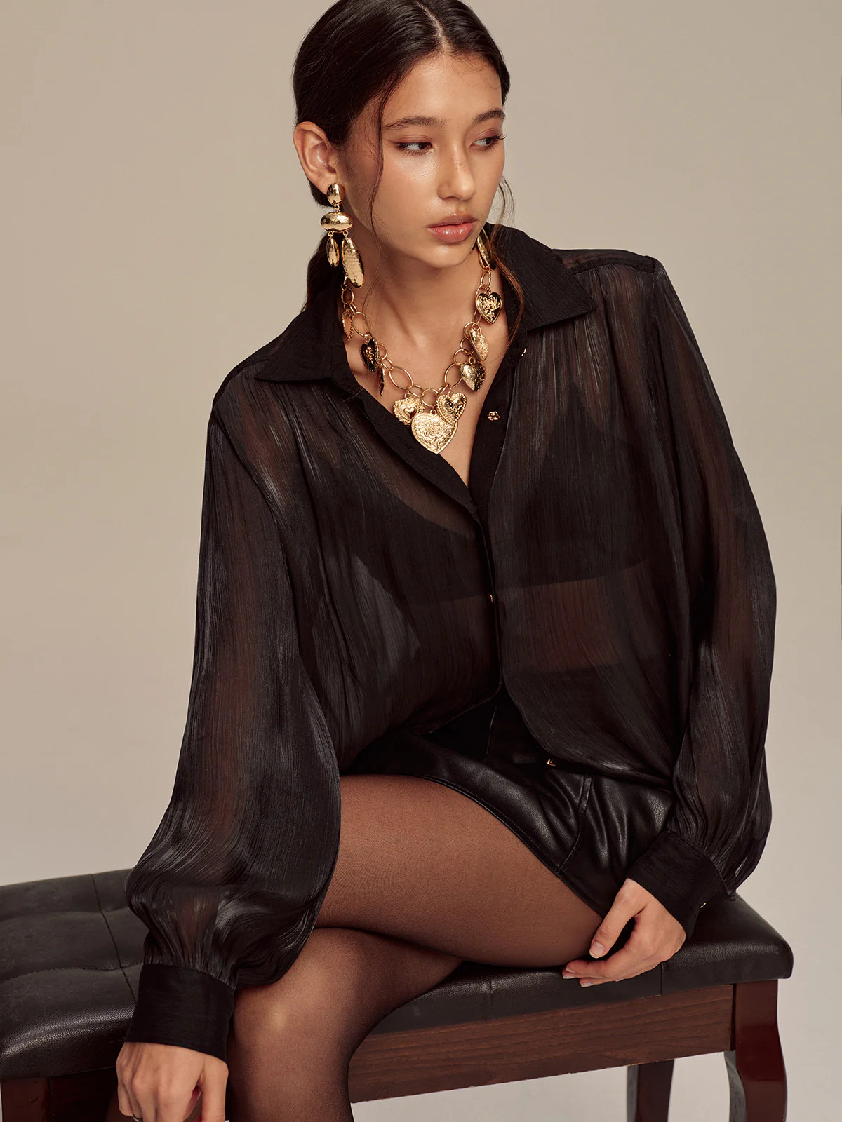 Sheer Chiffon Textured Metal Button Shirt | Commense