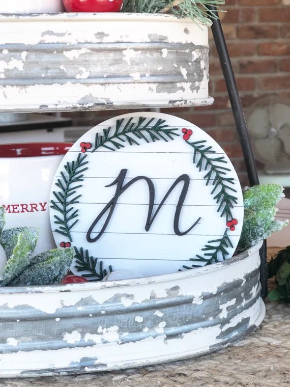 tiered tray faux shiplap Christmas wreath monogrammed mini sign | Etsy (US)