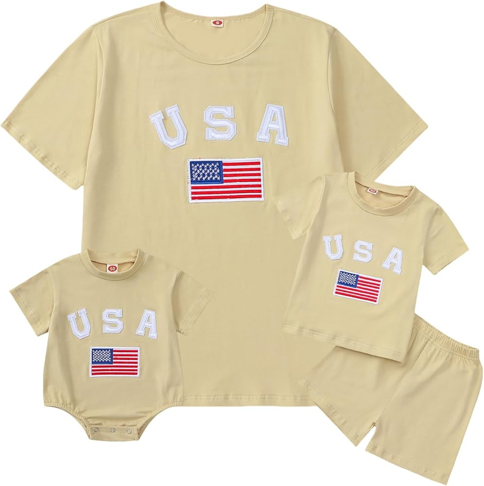 Mommy and Me 4th of July Shirts Short Sleeve Crew Neck USA Letter Tops American Flag Mom and Baby... | Amazon (US)
