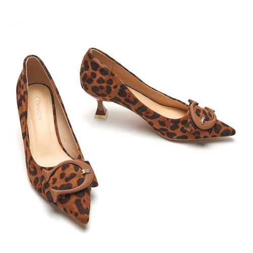 C.Paravano Women's Pumps Leopard Animal Print Kitten Heels Pointed Toe Low Heels for Women Party Heels for Women(Leopard,Size 10) | Amazon (US)