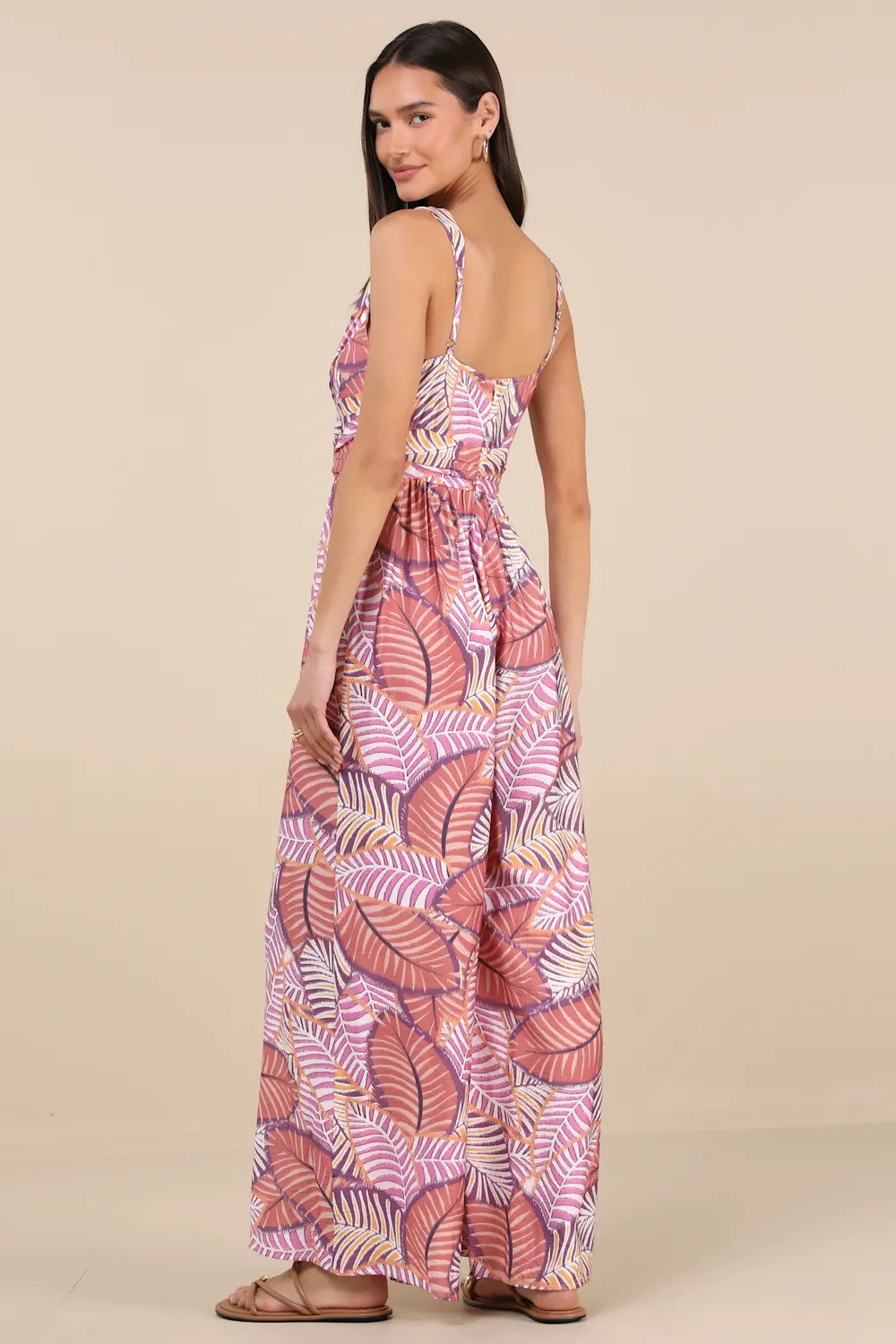 Emlyn Rose Pink Multi Leaf Print O-Ring Wide-Leg Jumpsuit | Lulus