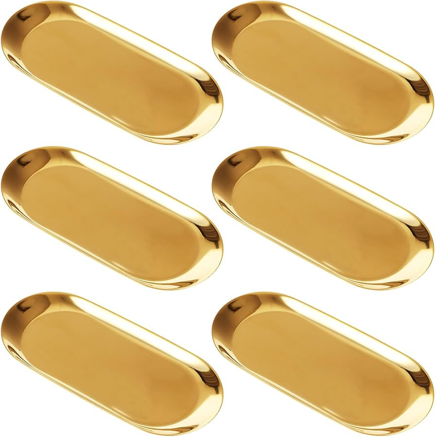 6 Pack Gold Decorative Tray 7 Inch Stainless Steel Oval Jewelry Dish Bathroom Vanity Tray Perfume... | Amazon (US)