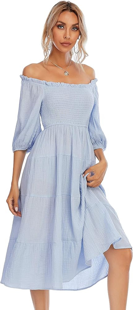 R.Vivimos Women's Summer Cotton Lantern Sleeves Ruffled Off Shoulder A-Line Midi Dresses | Amazon (US)