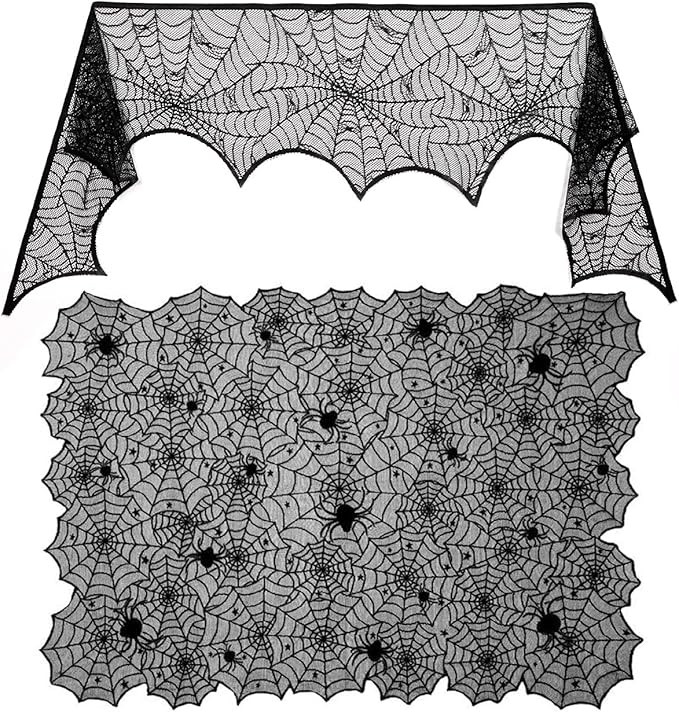 Sunnyglade Halloween 18"x96" Lace Spiderweb Fireplace Mantle Cover Fireplace Scarf & 54"x72" Rect... | Amazon (US)