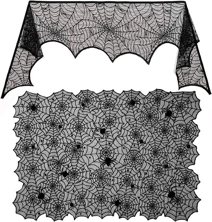 Sunnyglade Halloween 18"x96" Lace Spiderweb Fireplace Mantle Cover Fireplace Scarf & 54"x72" Rect... | Amazon (US)
