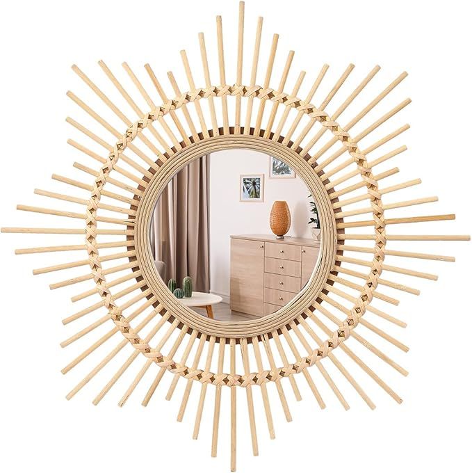 LONGWIN 19.3 Inch Rattan Hanging Sunburst Wall Mirror Boho Mirror for Wall Decor Primary Color Wa... | Amazon (US)