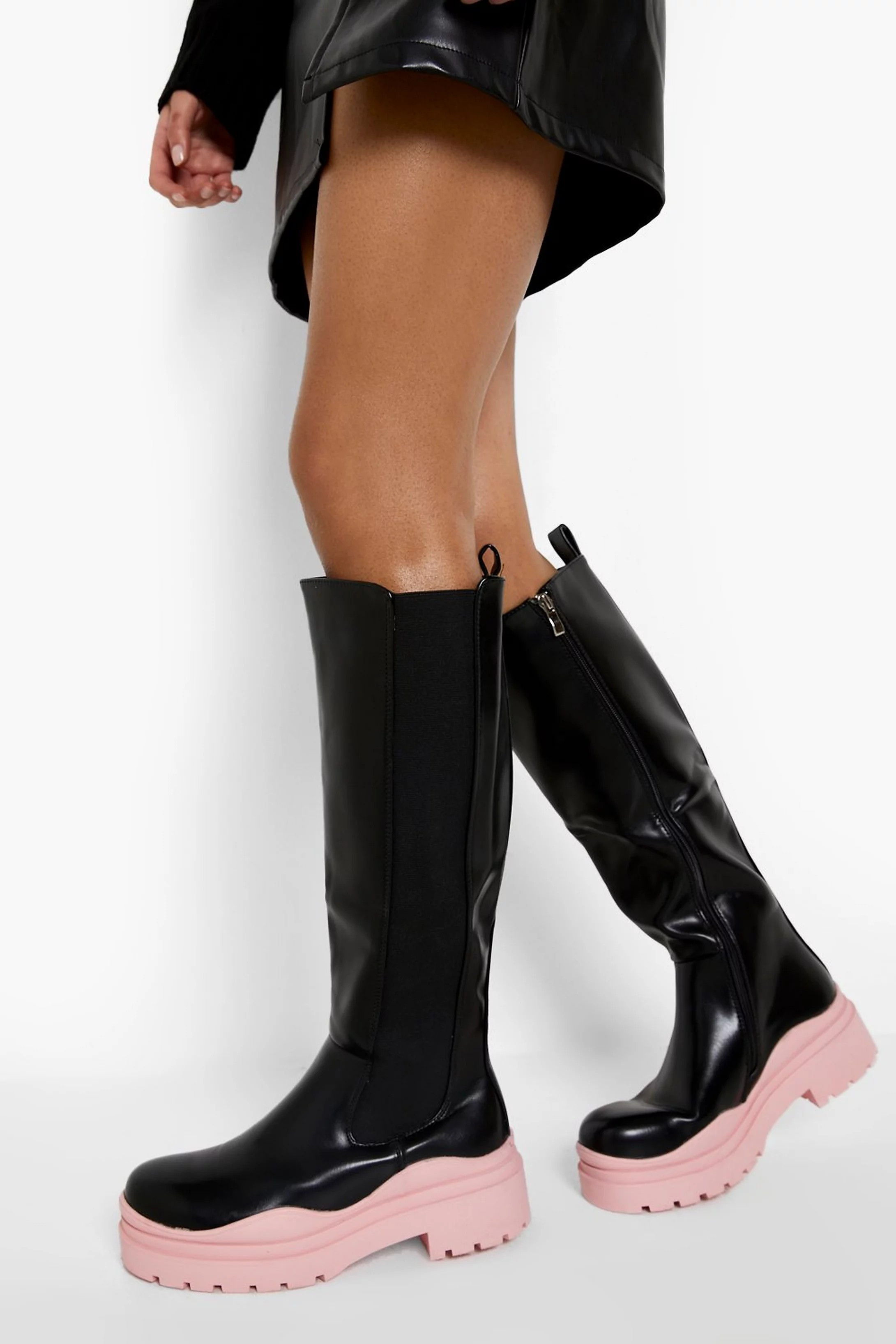 Chunky Contrast Sole Knee High Chelsea Boot | Boohoo.com (US & CA)