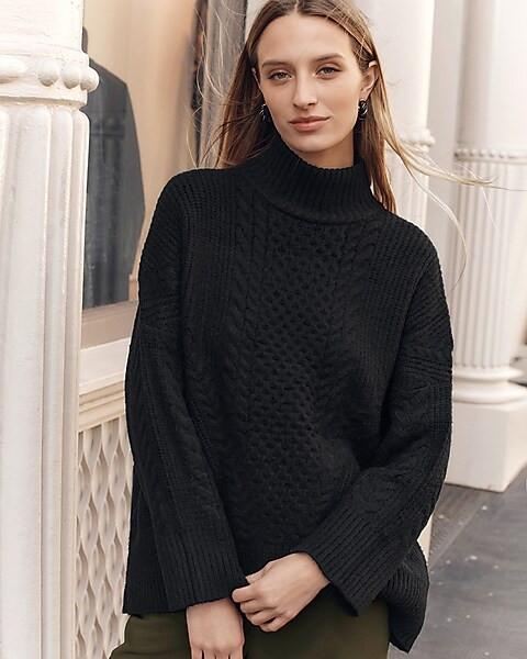 Cable Knit Turtleneck Tunic Sweater | Express