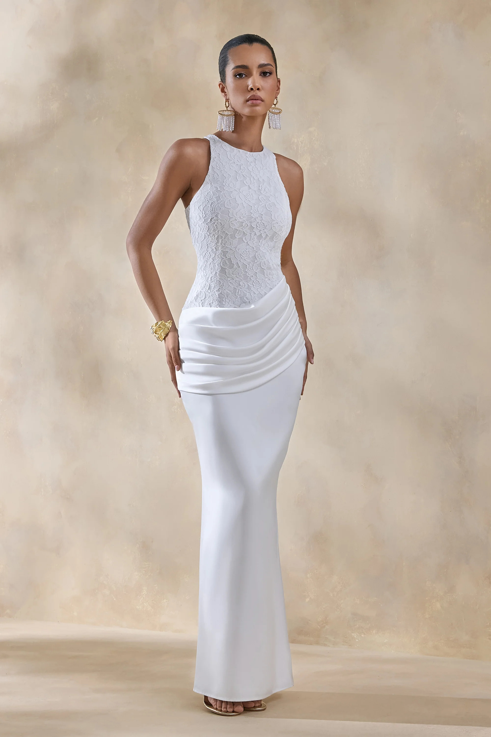 Neria | White Satin And Lace Crew-Neck Maxi Dress With Draped Wrap-Skirt | Club L London