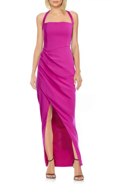 Jewel Badgley Mischka Halter Side Ruched Column Gown in Hot Pink at Nordstrom, Size 8 | Nordstrom