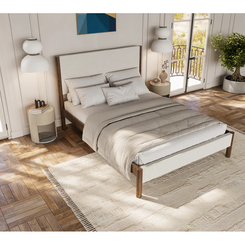 Ardin Solid Wood Bed Frame With Cream Boucle Upholstered Headboard And Footboard | Wayfair North America