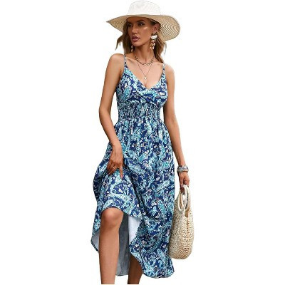 Coolmee Women's Summer Maxi Dress Floral Spaghetti Strap Casual Boho Beach Flowy Sundress Navy Blue L | Target