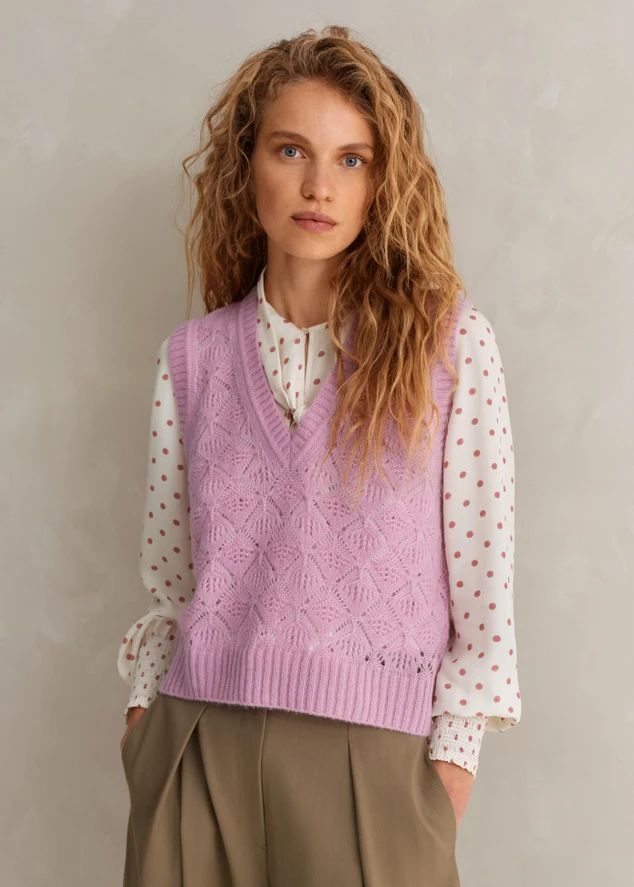 Merino Cashmere Silk Lace Stitch V Neck Sweater | ME+EM US
