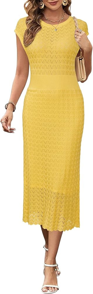 Newshows Women Summer 2026 Casual Outfits Work Midi Boat Neck Cap Sleeve Hollow Knit Modest Busin... | Amazon (CA)