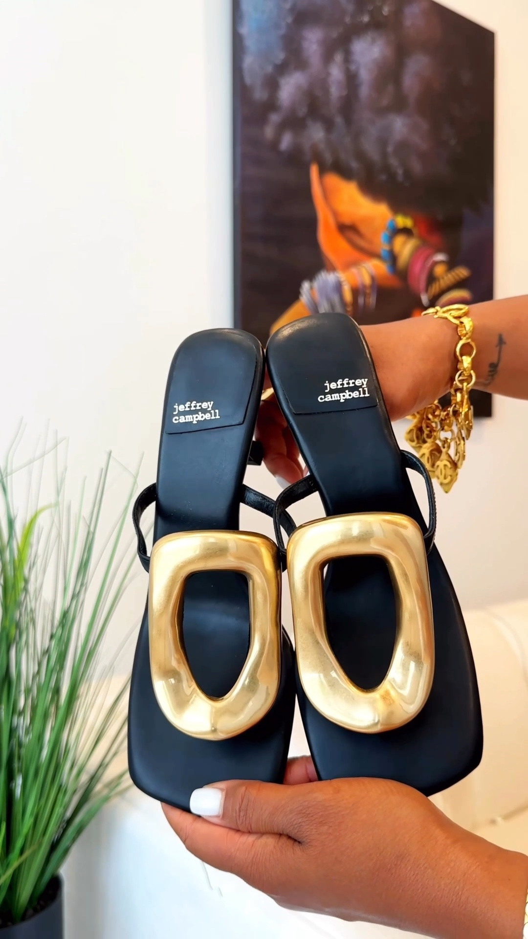 love love love a black + gold combo! 😍unbox these #JeffreyCampbell leather ornamented thong sandal with me!👌🏾✨

For sizing reference: ftts | wearing size 8

Disclaimer: Few left🙏🏾🥹 sharing lookalikes!
.
.
.
#outfitinspo #traveloutfit #comfywear #sandals #travelinstyle #flyageless #shorthairstyle #midlife #fashionover40 #stylereel #ootd #unboxing #midlifejourney #xojalonda

#LTKStyleTip #LTKOver40 #LTKShoeCrush