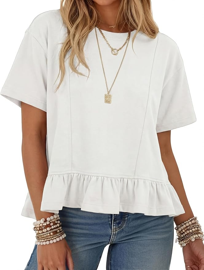 Watashi Women Oversized Short Sleeve Crop Top Casual Crew Neck Ruffle Hem Badydoll Summer Blouses... | Amazon (US)