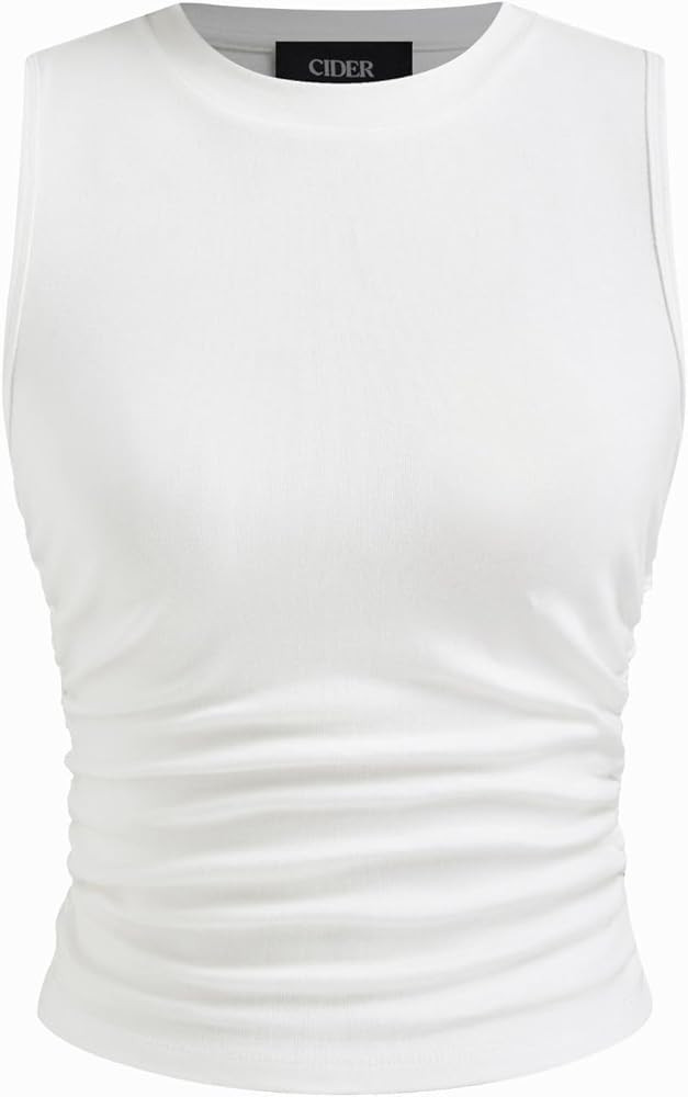 CIDER Womens Tank Tops Sleeveless High Neck Ruched Crop Tops Going Out Casual Basic Ribbed Shirt ... | Amazon (US)