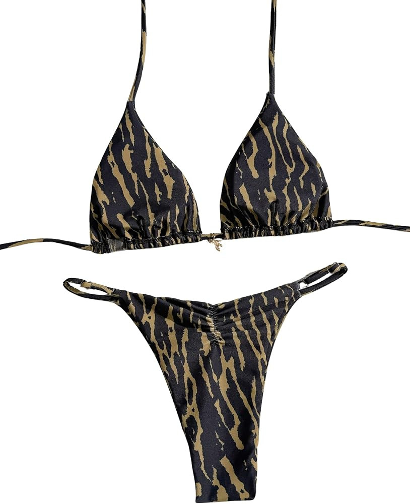 SEGT Women's 2 Piece Sexy Bikini Sets Cheeky Butt Ruched Bathing Suit Random Print Halter Swimsui... | Amazon (US)