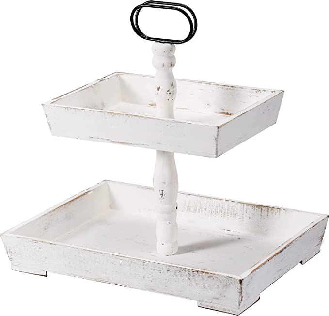 2 Tiered Tray, 2 Tier Wood Tiered Tray, 2 Tiered Tray Farmhouse,White Tiered Tray for Rustic Home... | Amazon (US)