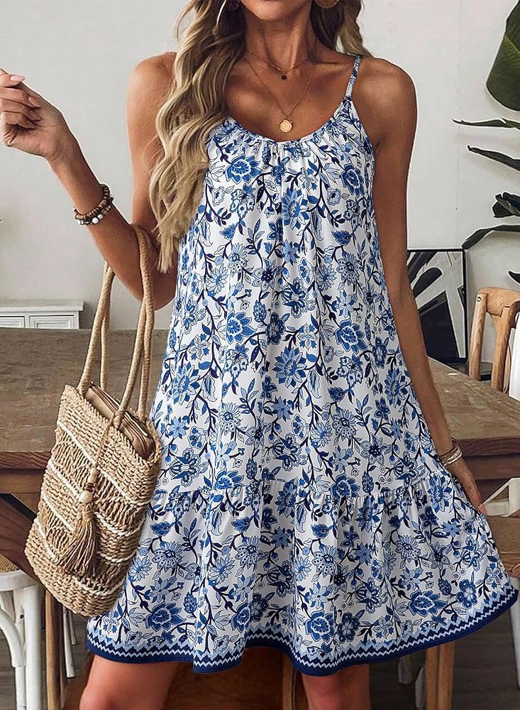 Dokotoo Summer Dresses for Women 2026 Spaghetti Strap Sexy Deep V Neck Smocked Ruffle Flowy Boho ... | Amazon (US)