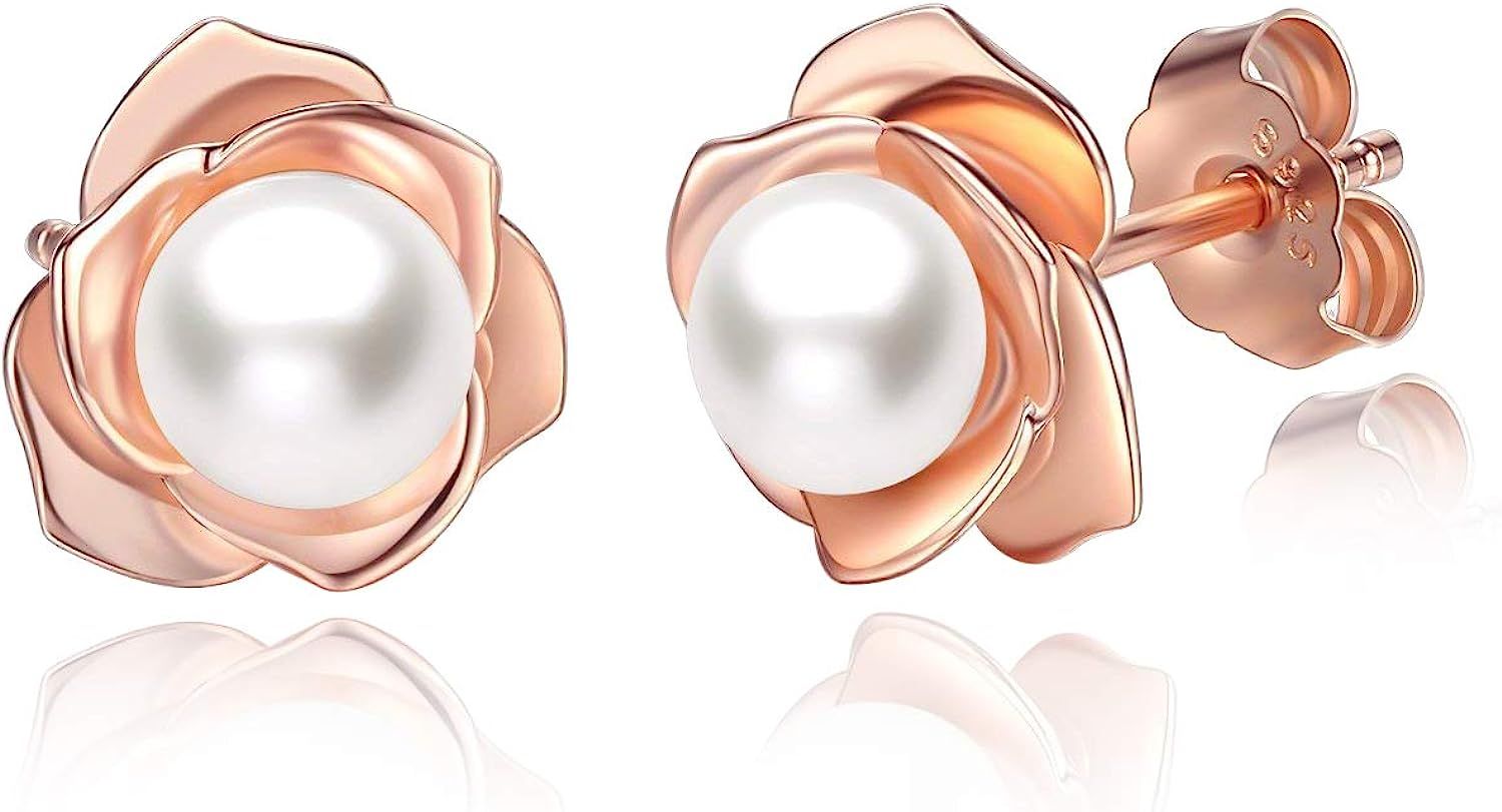 JORA Rose Gold Plated Sterling Silver Rose Flower & Pearl Stud Earrings for Women | Amazon (US)