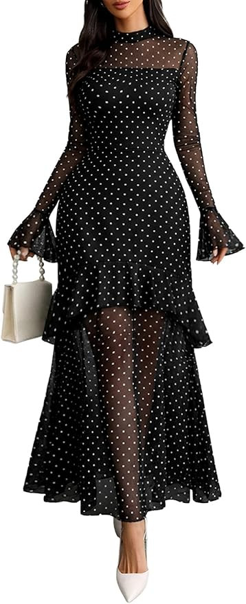 GothDark Womens Floral Maxi Dress Sheer Mesh Bell Sleeve Tiered Ruffle Gothic Romantic Casual Lon... | Amazon (US)