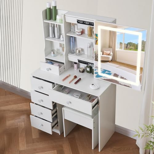 Teousev Warm White Vanity Desk with LED Lighted Mirror, Makeup Vanity Table with Lighted Left Cabinet, 6 Drawers & Stool, Dressing Table for Bedroom, 31.5" W x 14.2" D x 51.6" H | Amazon (US)