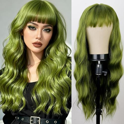 Green Wig with Bangs Soft Long Wavy Wigs for Women 26 Inch Natural Looking Synthetic Wigs for Hal... | Amazon (US)