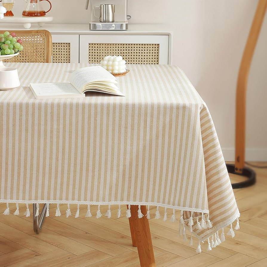 meioro Rectangle Striped Tassels Tablecloth Cotton Blend Stain and Wrinkle Resistant Washable Squ... | Amazon (US)