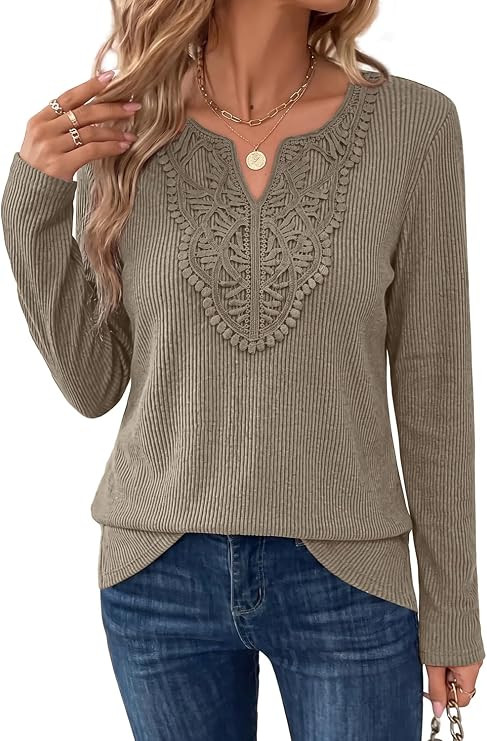 WIHOLL Womens Long Sleeve Tops V Neck Boho Lace Shirts 2026 Fall Fashion Clothes | Amazon (US)