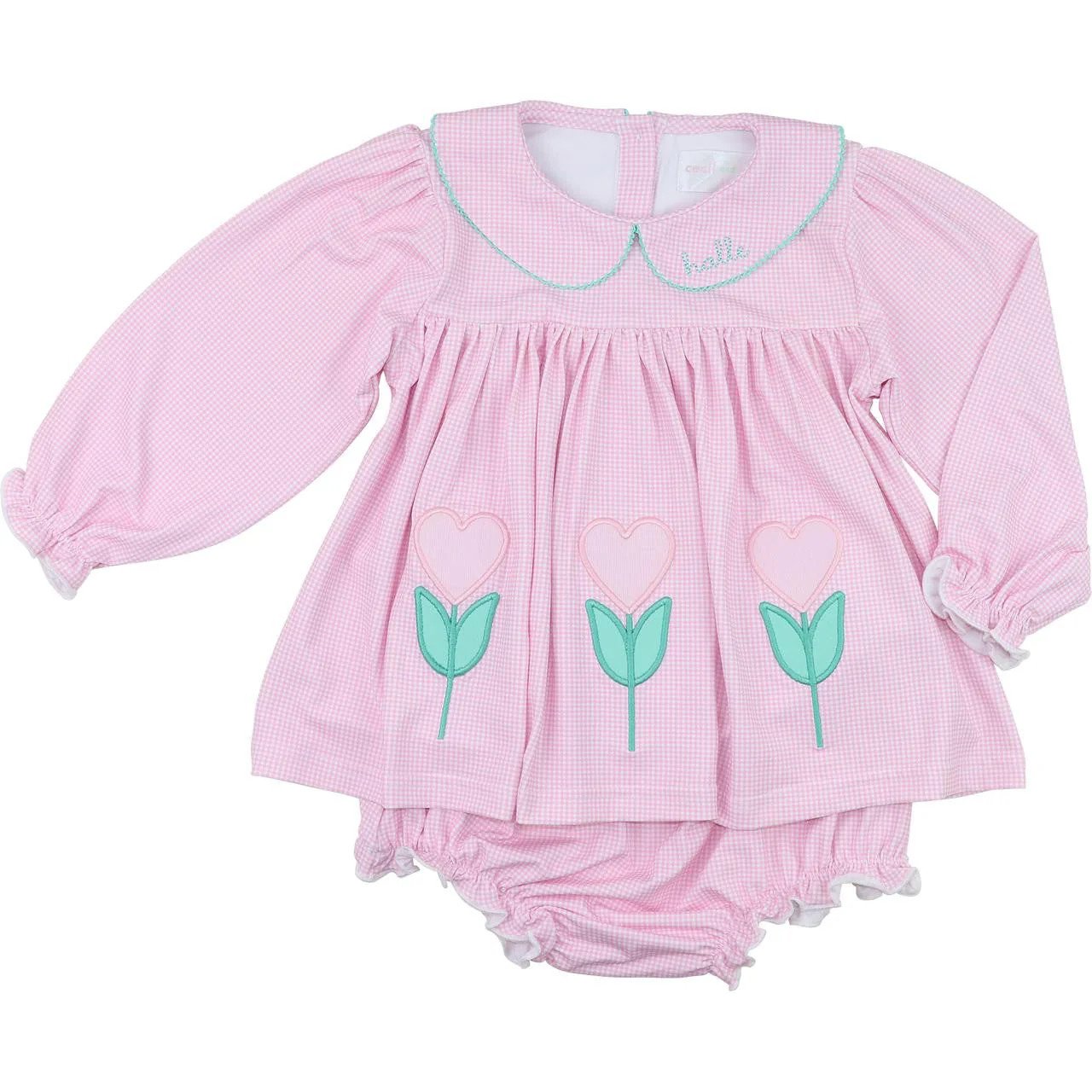Pink Knit Gingham Applique Tulip Heart Diaper Set | Cecil and Lou