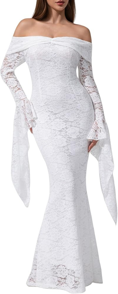 Women Off The Shoulder Floral Lace Maxi Wedding Dress Long Bell Sleeve Mermaid Gown for Formal Pa... | Amazon (US)