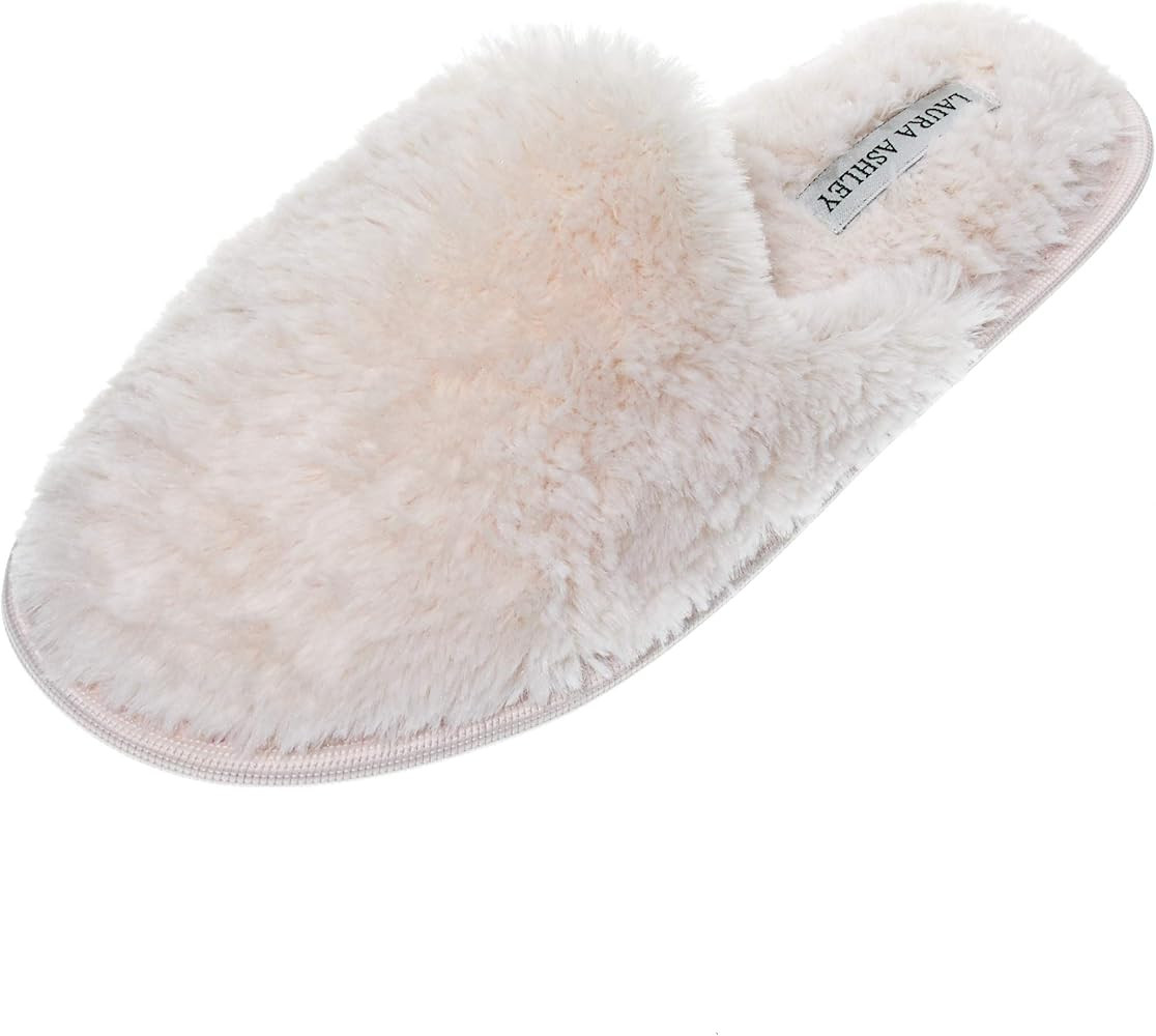 Laura Ashley Womens Plush Faux Rabbit Fur One Band Memory Foam Slide Slippers, Warm Fuzzy Fluffy Ope | Amazon (US)