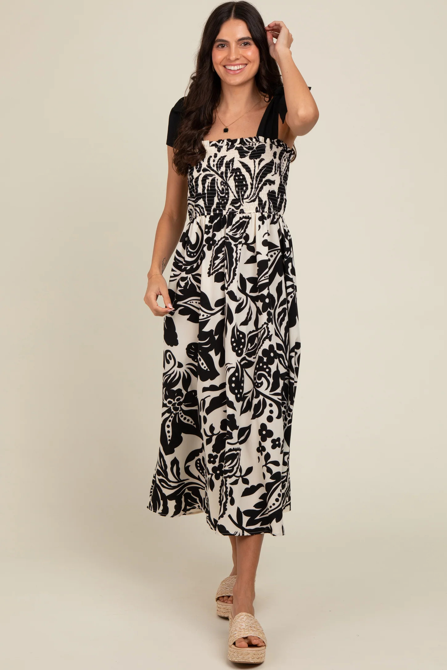 Black Floral Smocked Shoulder Tie Midi Dress | PinkBlush Maternity