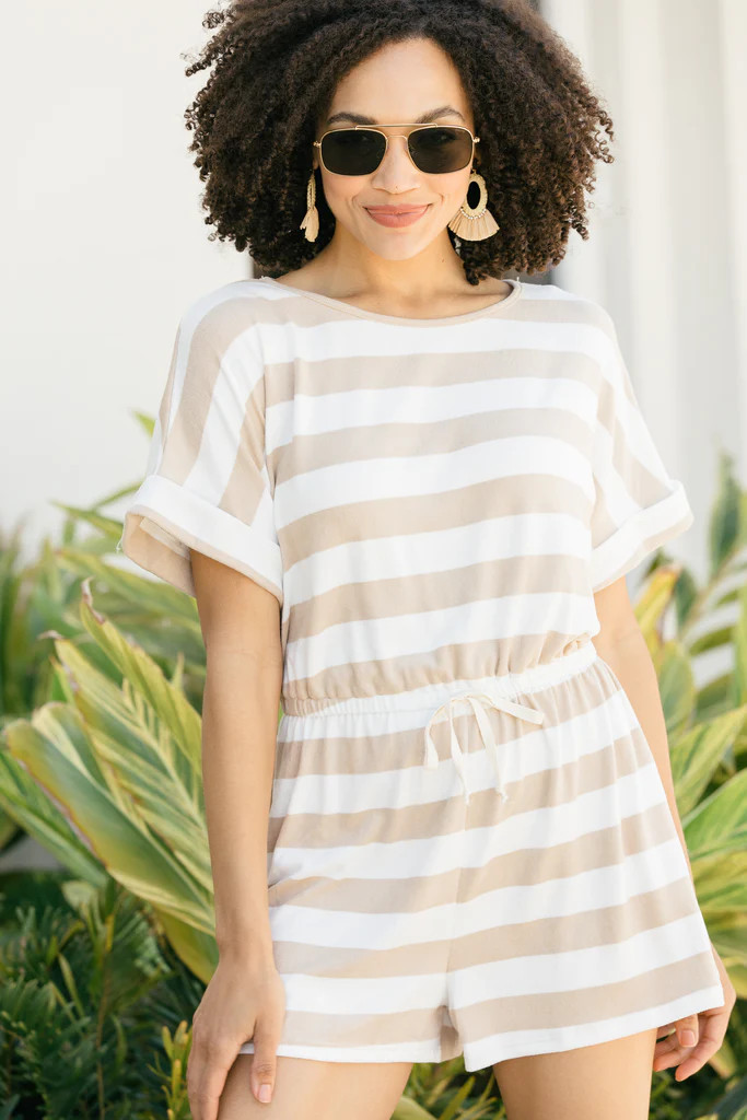 I'm With You Taupe Brown Striped Romper | The Mint Julep Boutique