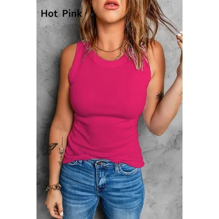 Mint Plus Pink - Round Neck Sleeveless Tank Top - 6 Sizes Casual Summer Ribbed Tops in Polyester/Spandex Blend | Walmart (US)