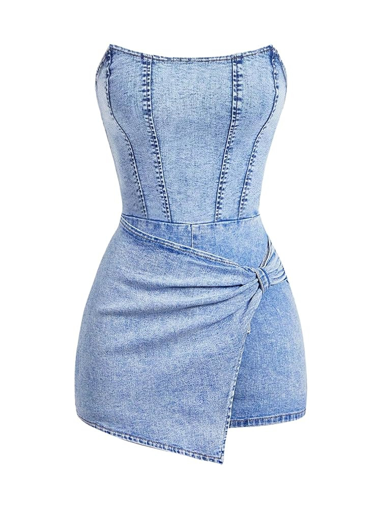 SOLY HUX Women's Y2k Tube Top Denim Romper Wrap Strapless Bodycon Short Jumpsuits | Amazon (US)
